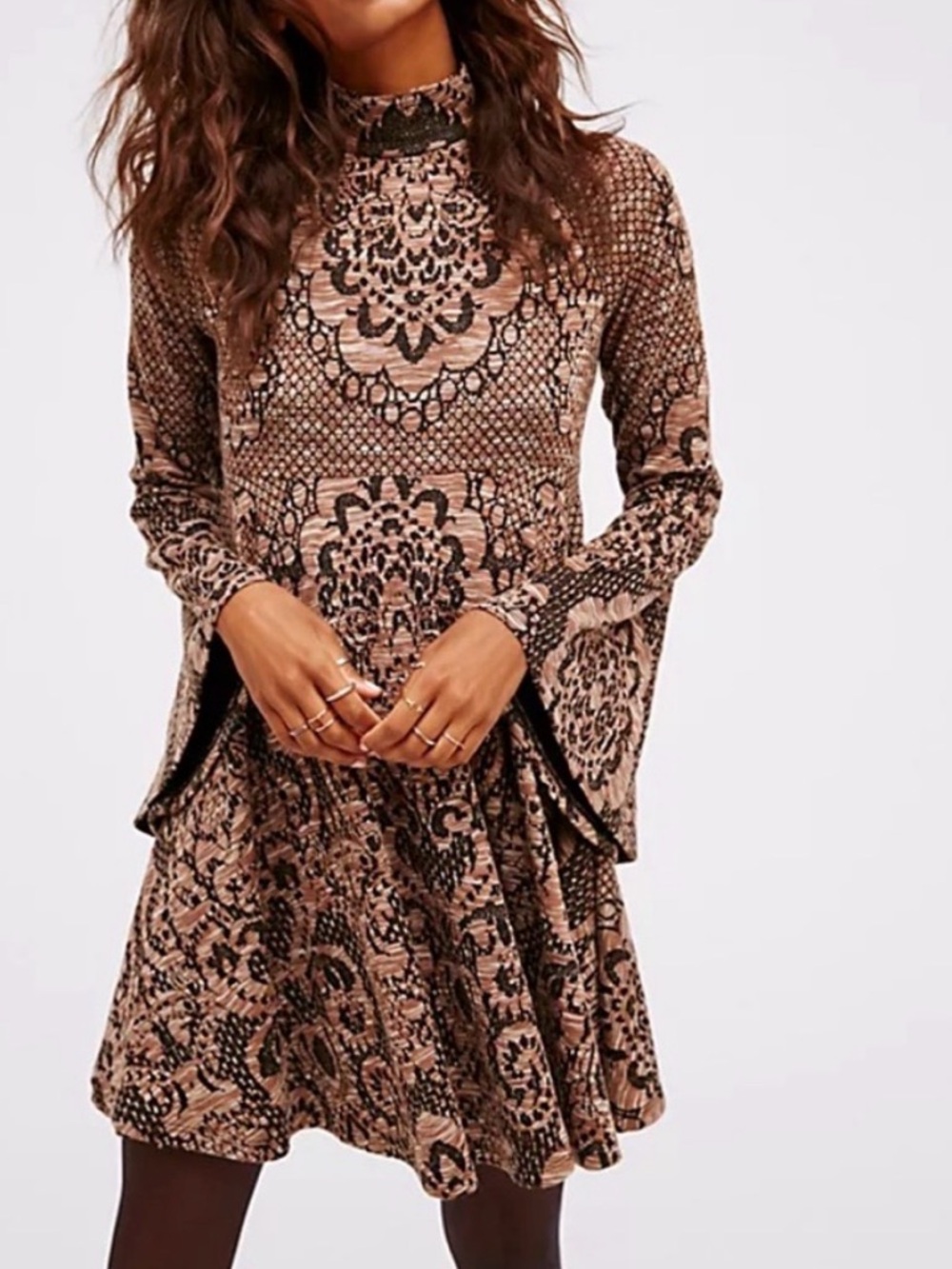 Free People Brown Printed Mini Dress with Bell Sleeves